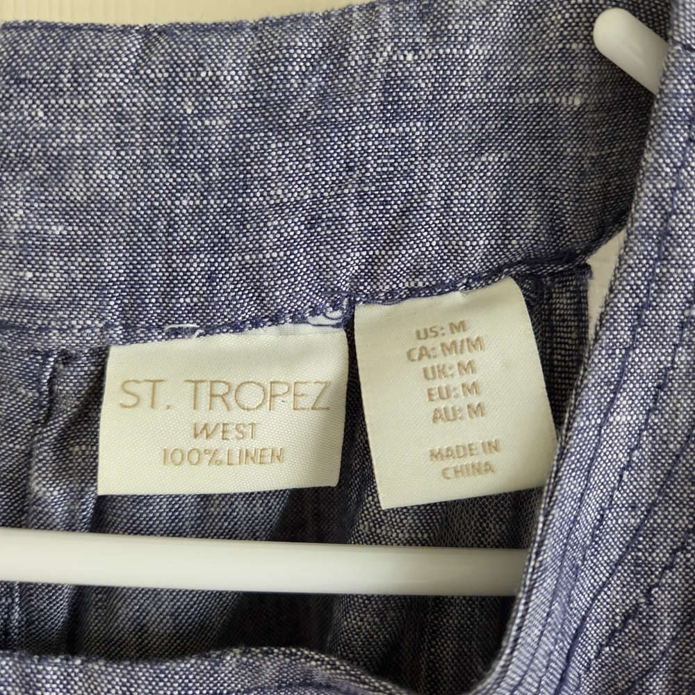 St. Tropez West 100% Linen Blue Chambray Halter Mini Dress Size M Vacation - Picture 3 of 6